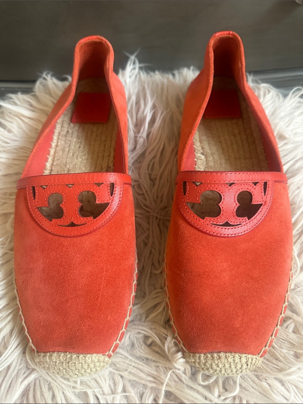 Tory Burch Orange Suede Espadrille Flats with Cutout Logo